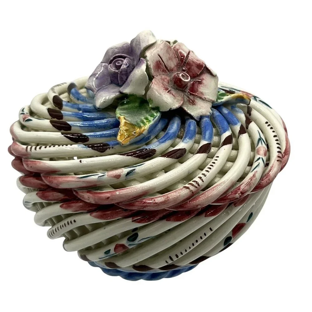 Vtg Hand Painted Spanish Porcelain Trinket Box Twig Style Basket Bloomcore Spain